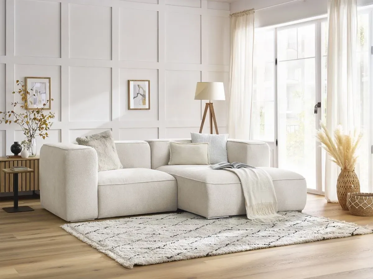 Canapé d'angle fixe compact ZEPHYR blanc  angle droit BOBOCHIC 3 places