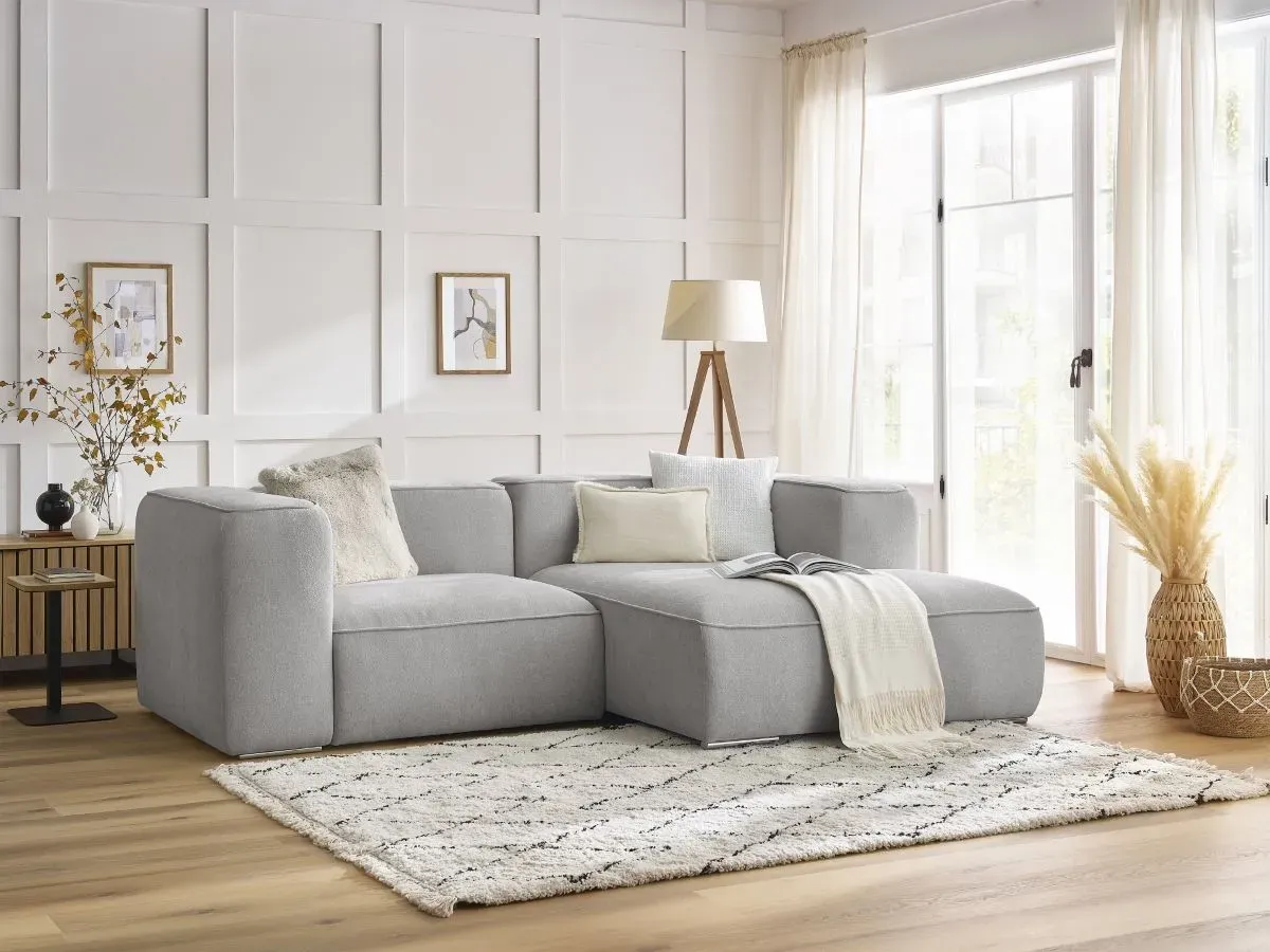 Canapé d'angle fixe compact ZEPHYR gris clair  angle droit BOBOCHIC 3 places