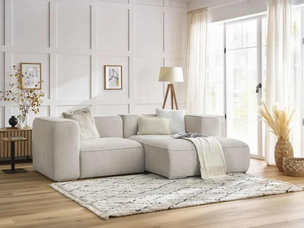 Canapé d'angle fixe compact ZEPHYR beige  angle droit BOBOCHIC 3 places