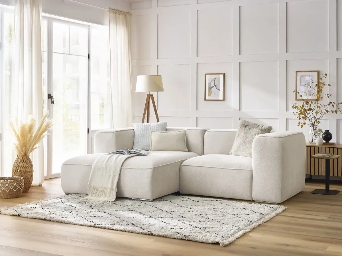 Canapé d'angle fixe compact ZEPHYR blanc  angle gauche BOBOCHIC 3 places