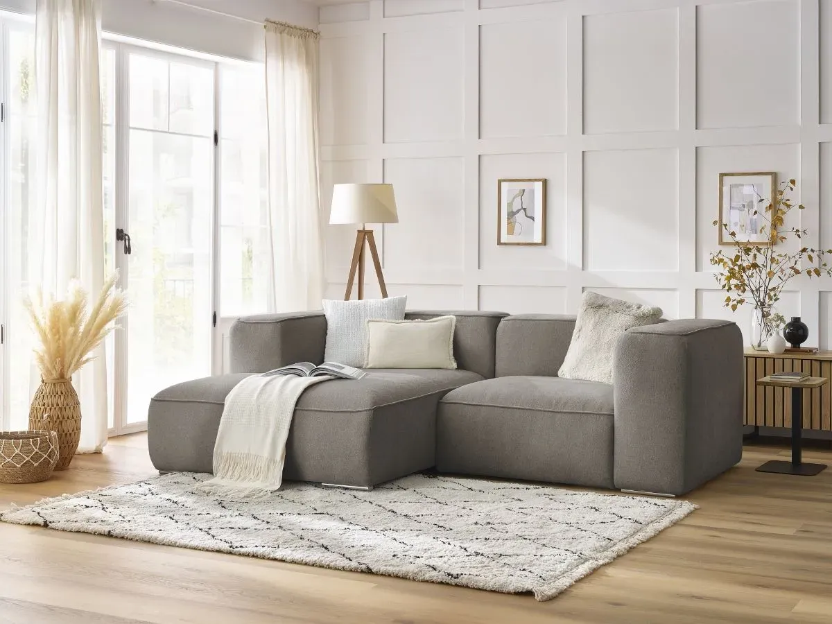 Canapé d'angle fixe compact ZEPHYR taupe  angle gauche BOBOCHIC 3 places