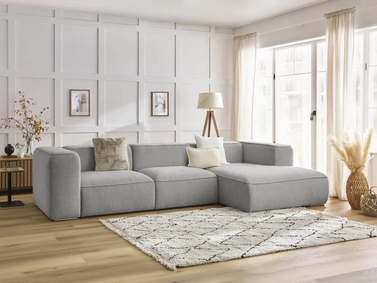 Canapé d'angle fixe ZEPHYR gris clair  angle droit BOBOCHIC 4 places