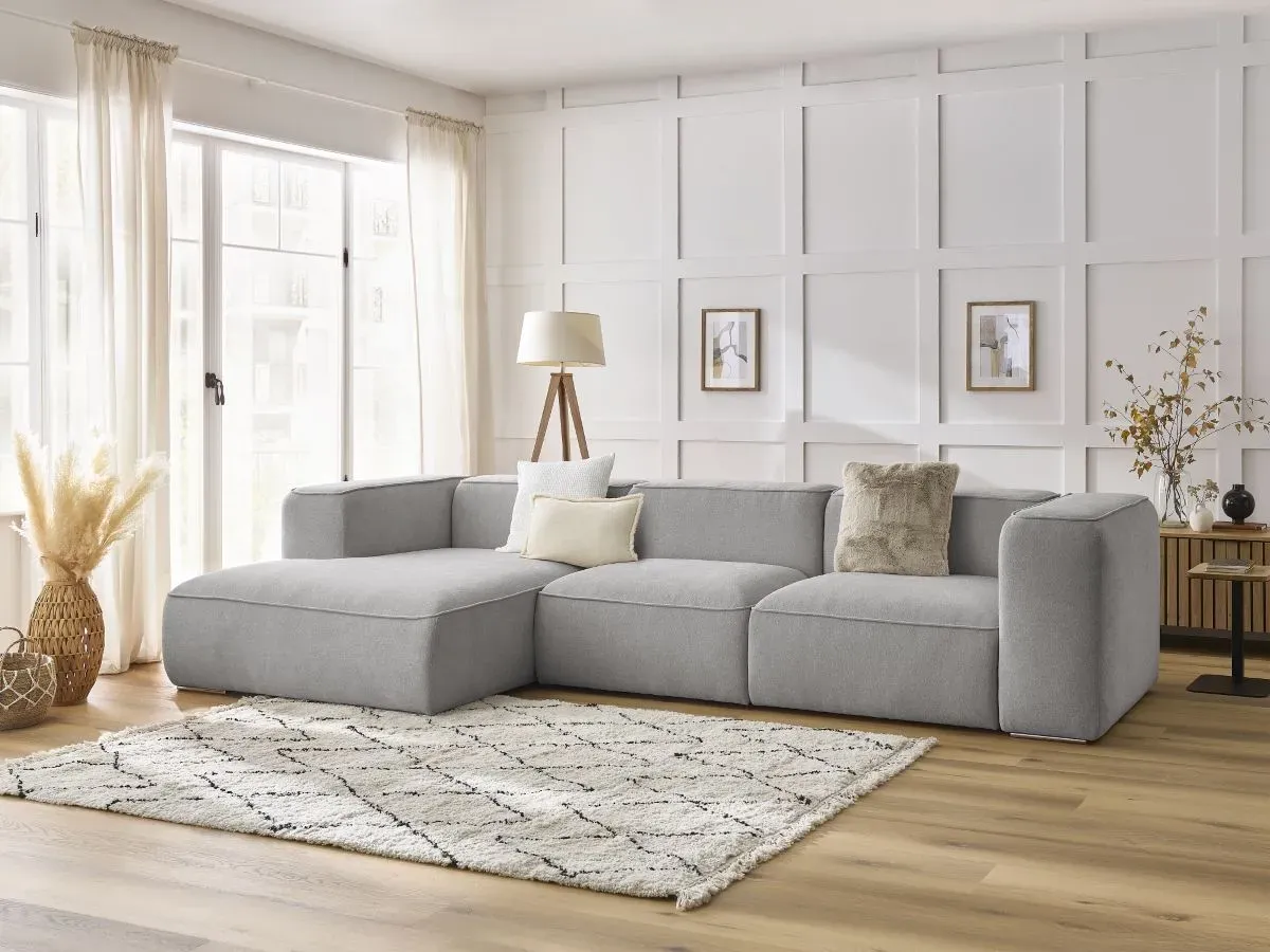 Canapé d'angle fixe ZEPHYR gris clair  angle gauche BOBOCHIC 4 places