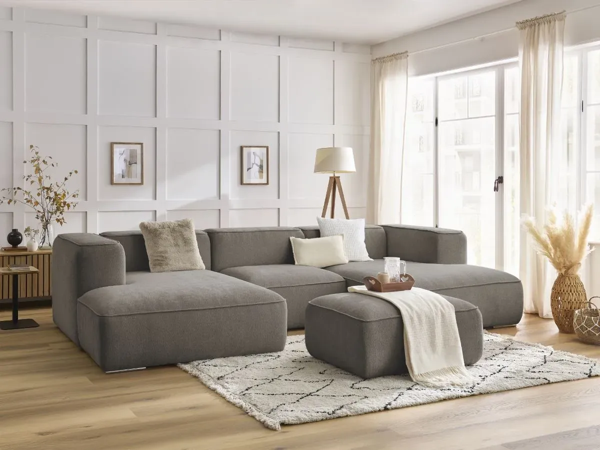 Canapé panoramique fixe ZEPHYR avec pouf taupe   BOBOCHIC 5 places