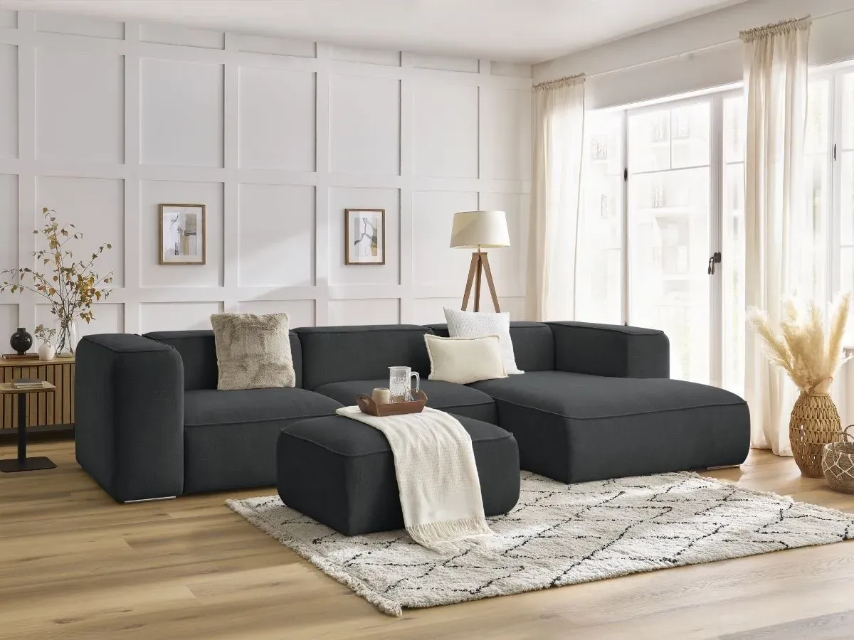 Canapé d'angle fixe ZEPHYR avec pouf gris foncé  angle droit BOBOCHIC 5 places