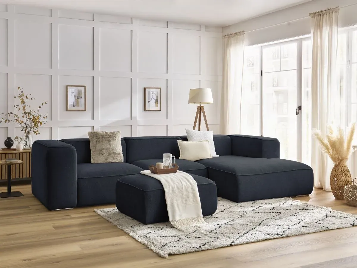 Canapé d'angle fixe ZEPHYR avec pouf bleu foncé  angle droit BOBOCHIC 5 places