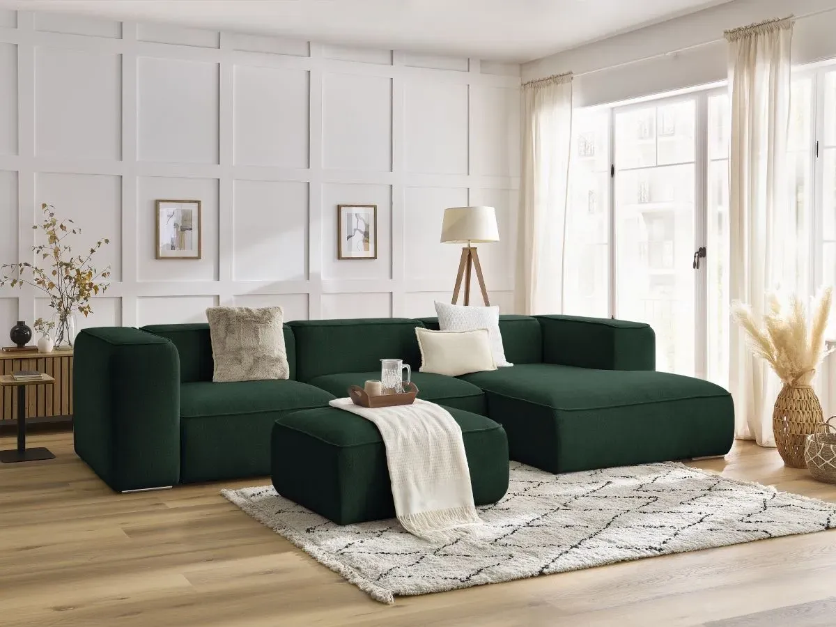 Canapé d'angle fixe ZEPHYR avec pouf vert  angle droit BOBOCHIC 5 places