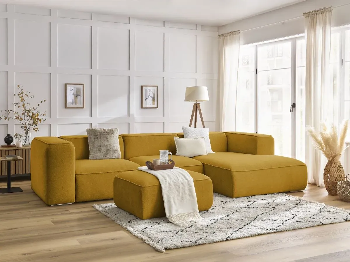 Canapé d'angle fixe ZEPHYR avec pouf jaune  angle droit BOBOCHIC 5 places