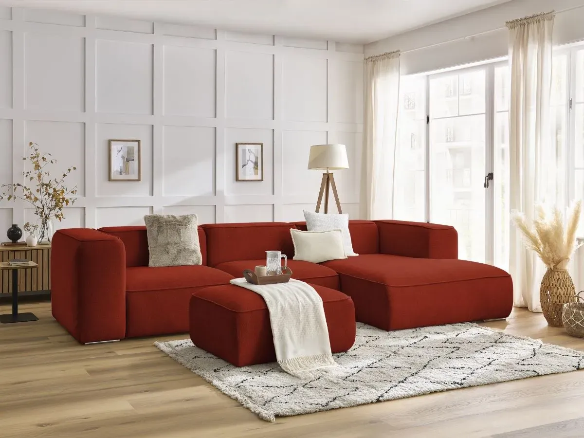 Canapé d'angle fixe ZEPHYR avec pouf orange  angle droit BOBOCHIC 5 places