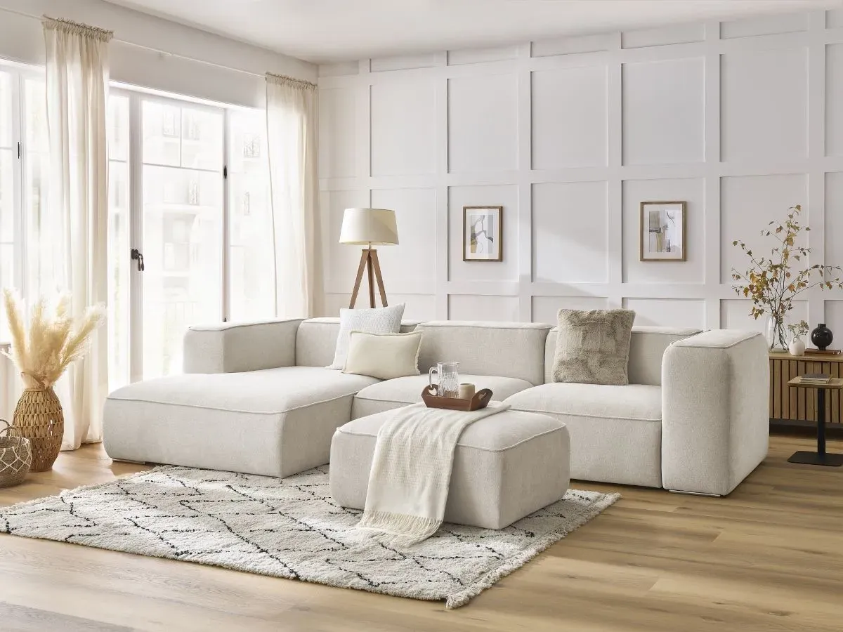 Canapé d'angle fixe ZEPHYR avec pouf blanc  angle gauche BOBOCHIC 5 places