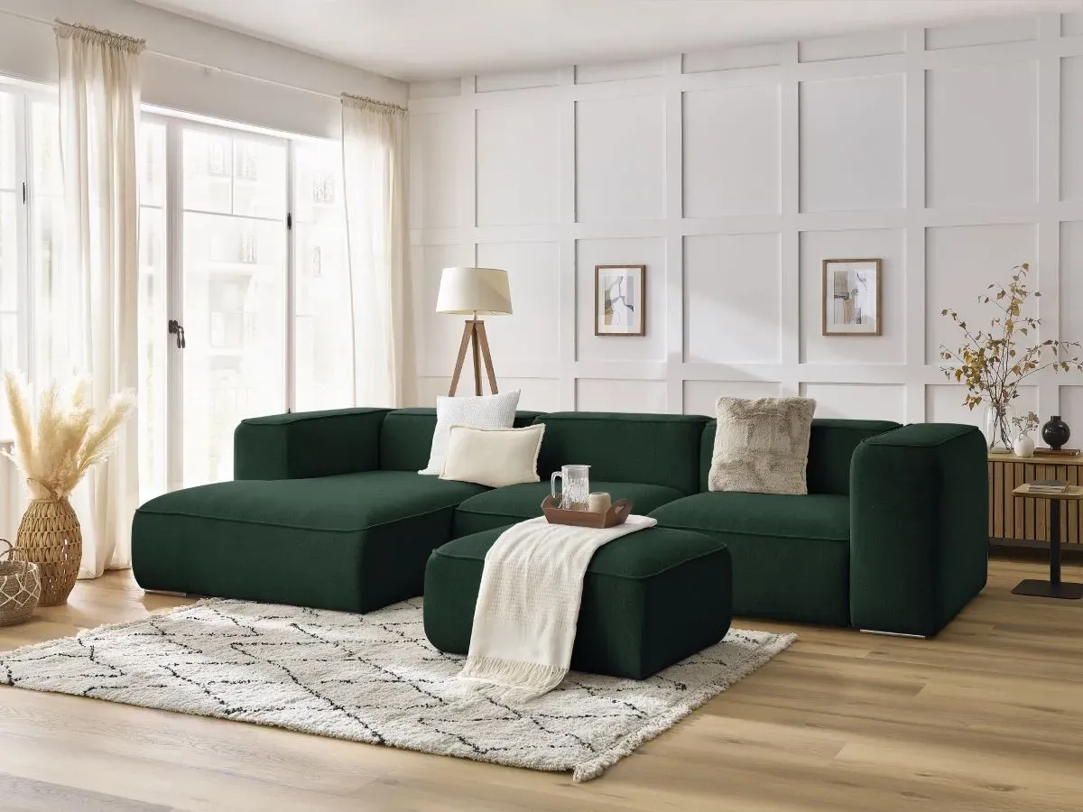 Canapé d'angle fixe ZEPHYR avec pouf vert  angle gauche BOBOCHIC 5 places