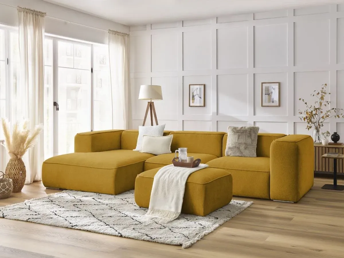 Canapé d'angle fixe ZEPHYR avec pouf jaune  angle gauche BOBOCHIC 5 places