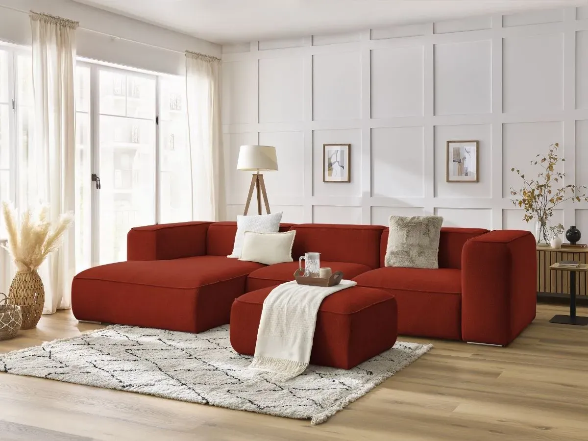 Canapé d'angle fixe ZEPHYR avec pouf orange  angle gauche BOBOCHIC 5 places