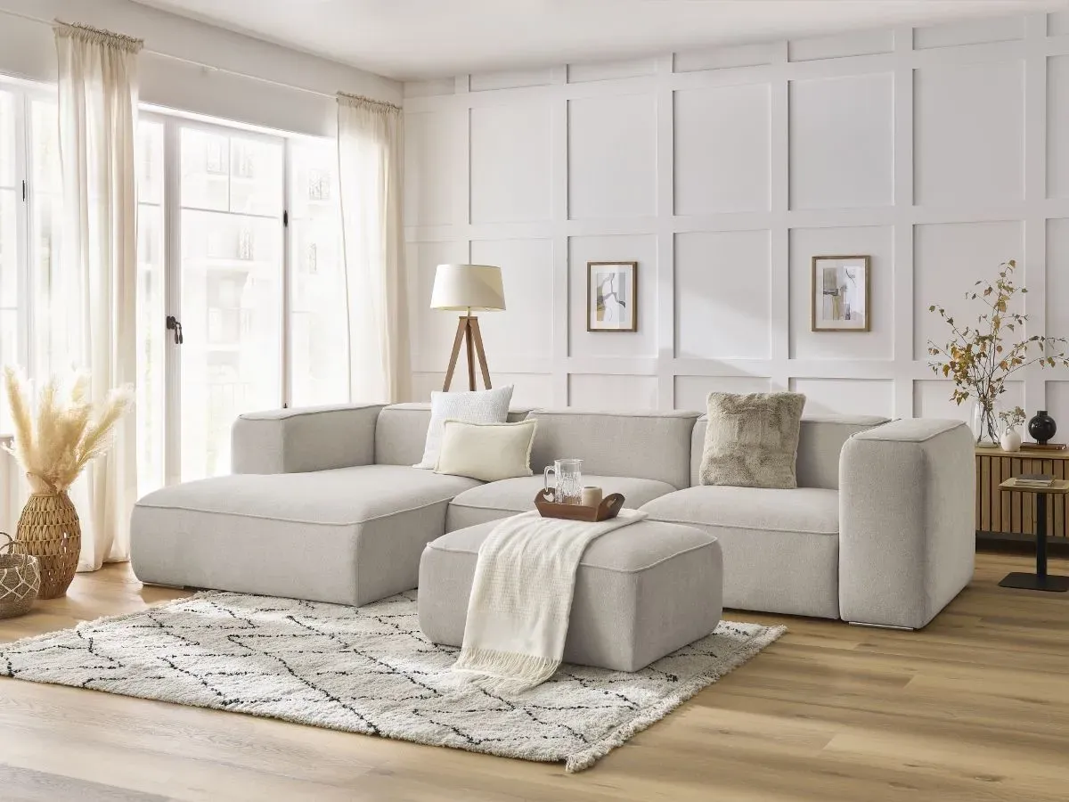 Canapé d'angle fixe ZEPHYR avec pouf beige  angle gauche BOBOCHIC 5 places