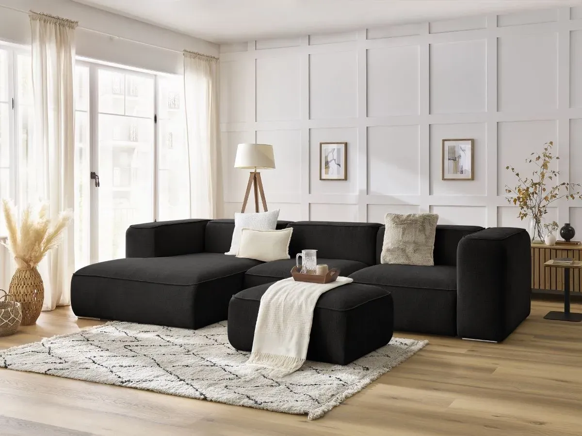 Canapé d'angle fixe ZEPHYR avec pouf noir  angle gauche BOBOCHIC 5 places
