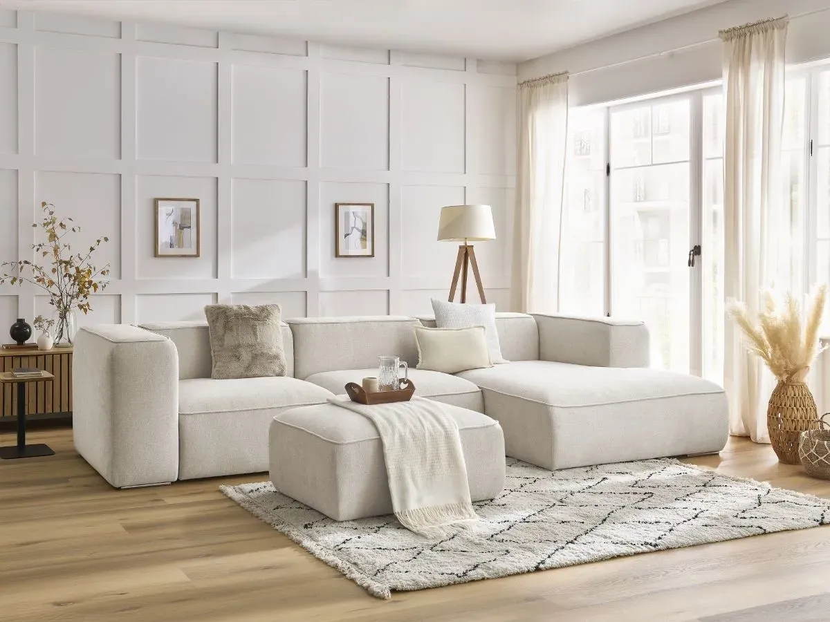 Canapé d'angle fixe ZEPHYR avec pouf blanc  angle droit BOBOCHIC 5 places