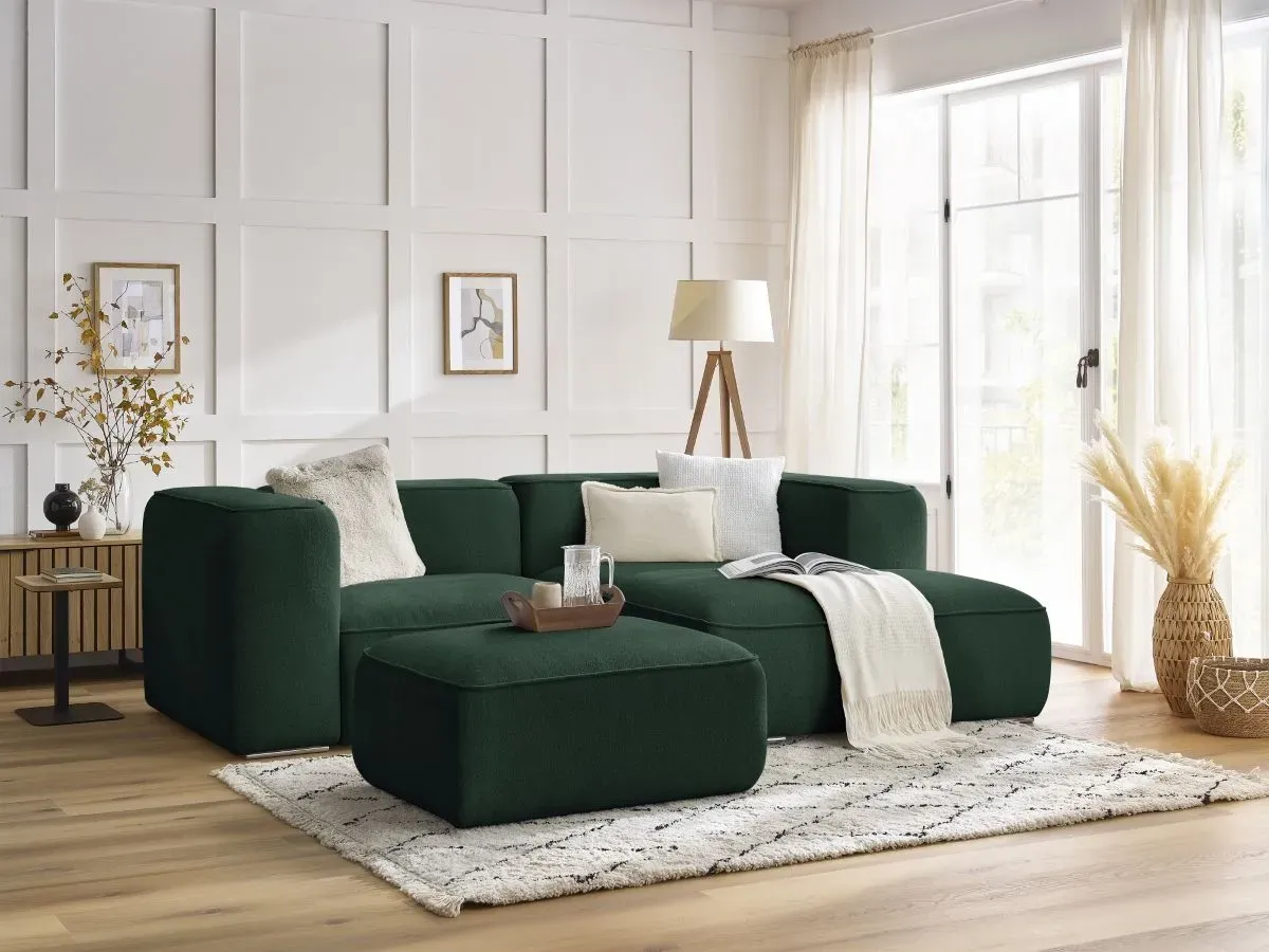 Canapé d'angle fixe compact ZEPHYR avec pouf vert  angle droit BOBOCHIC 4 places