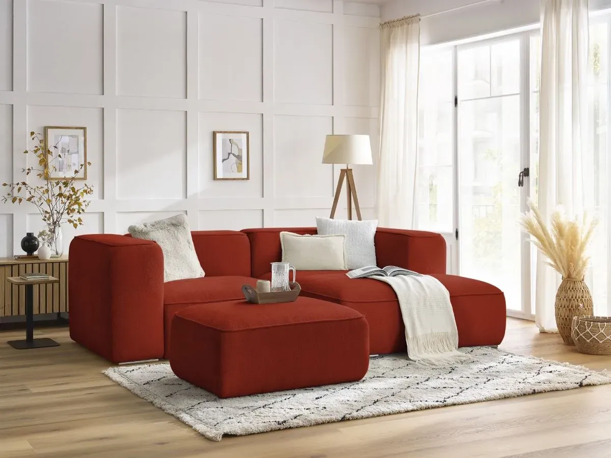 Canapé d'angle fixe compact ZEPHYR avec pouf orange  angle droit BOBOCHIC 4 places