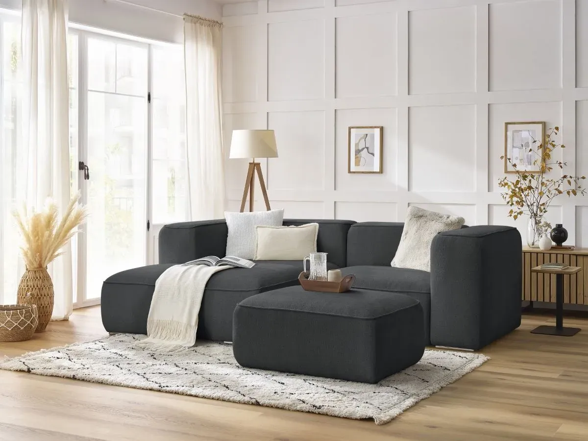 Canapé d'angle fixe compact ZEPHYR avec pouf gris foncé  angle gauche BOBOCHIC 4 places