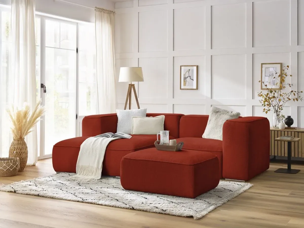 Canapé d'angle fixe compact ZEPHYR avec pouf orange  angle gauche BOBOCHIC 4 places