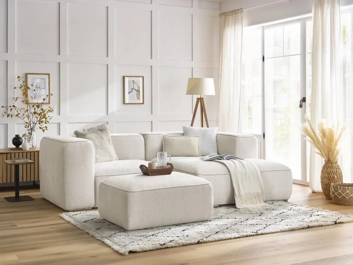 Canapé d'angle fixe compact ZEPHYR avec pouf blanc  angle droit BOBOCHIC 4 places