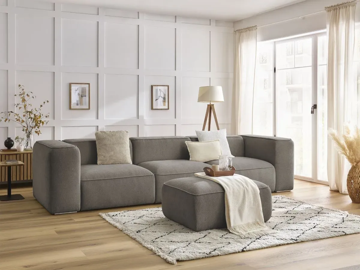 Canapé droit fixe 3 places ZEPHYR avec pouf taupe   BOBOCHIC
