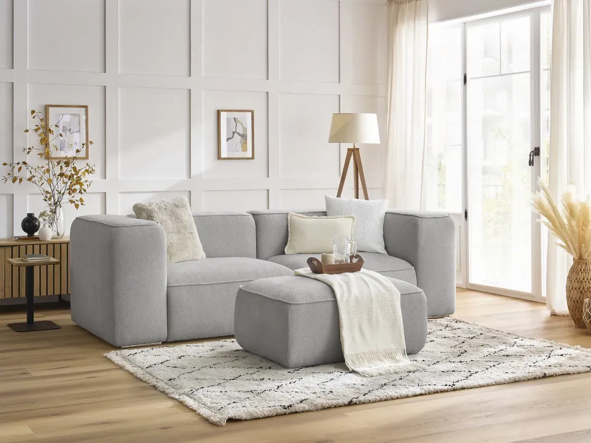 Canapé droit fixe 2 places ZEPHYR avec pouf gris clair   BOBOCHIC