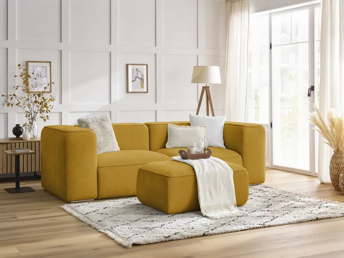 Canapé droit fixe 2 places ZEPHYR avec pouf jaune   BOBOCHIC
