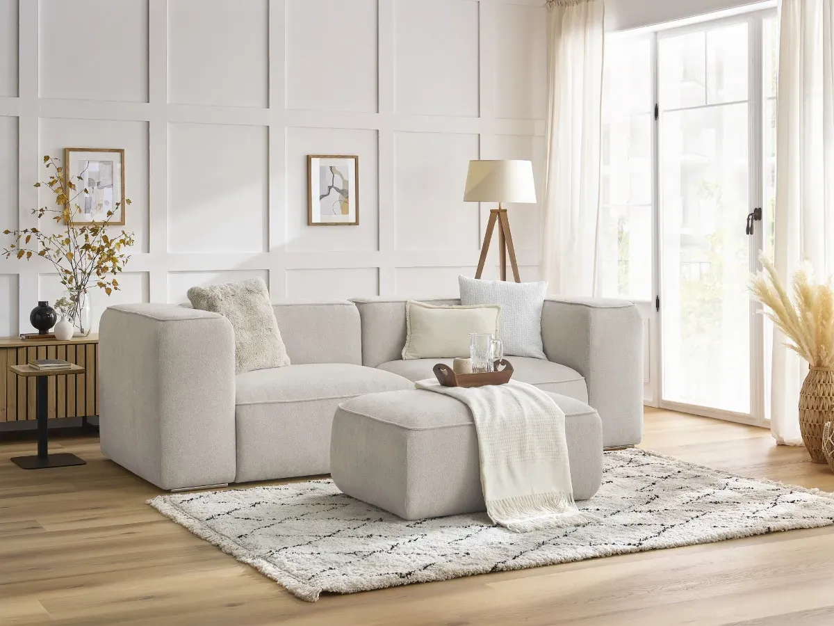 Canapé droit fixe 2 places ZEPHYR avec pouf beige   BOBOCHIC