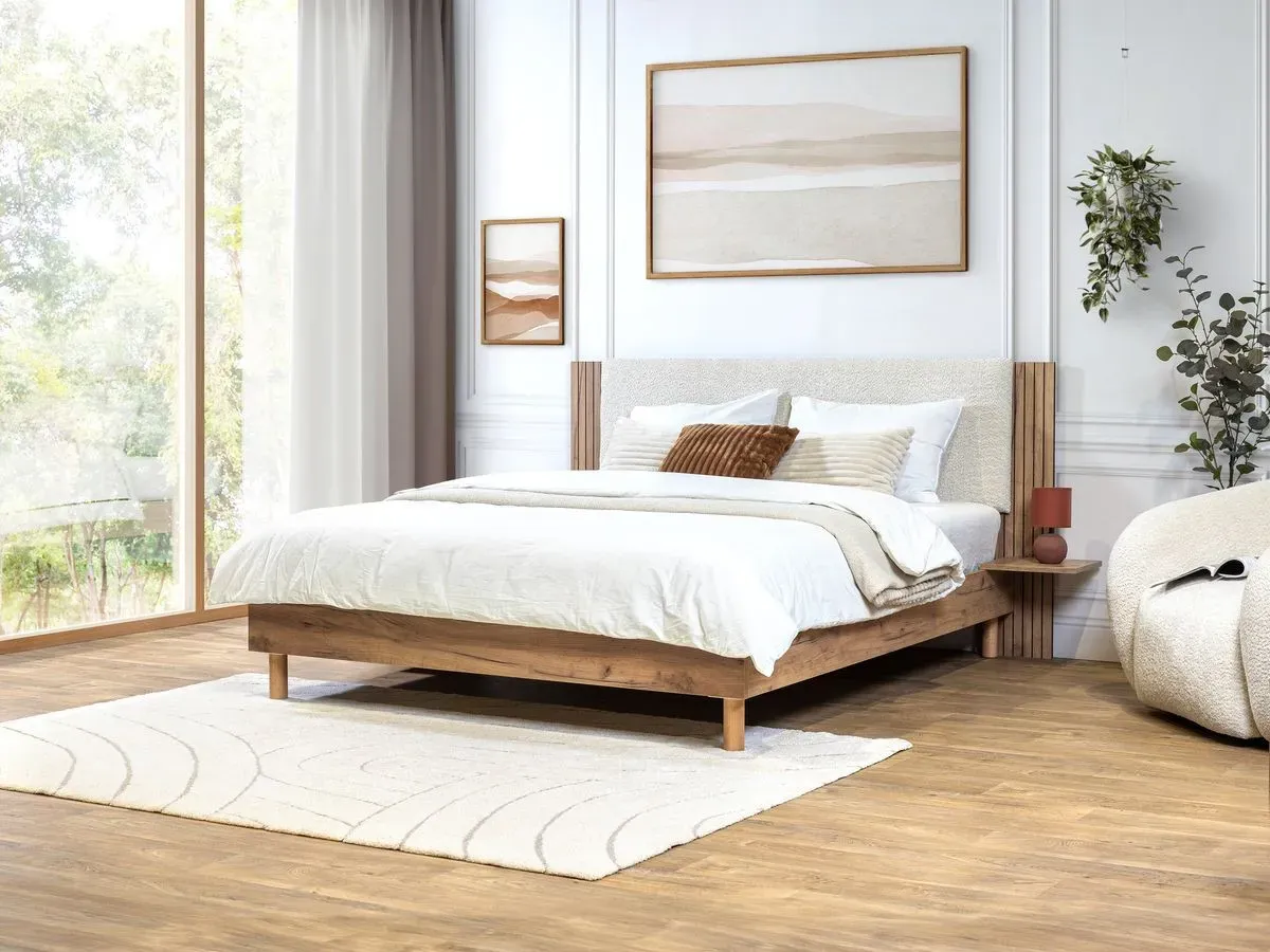 Lit LIOR lattes massives pieds en bois naturel beige 140x190  BOBOCHIC