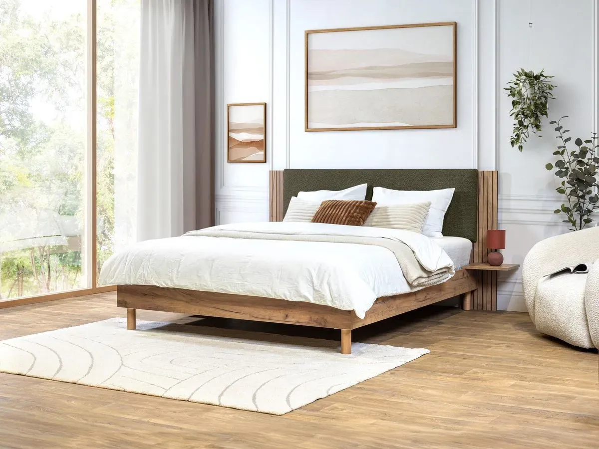 Lit LIOR lattes massives pieds en bois naturel vert 140x190  BOBOCHIC