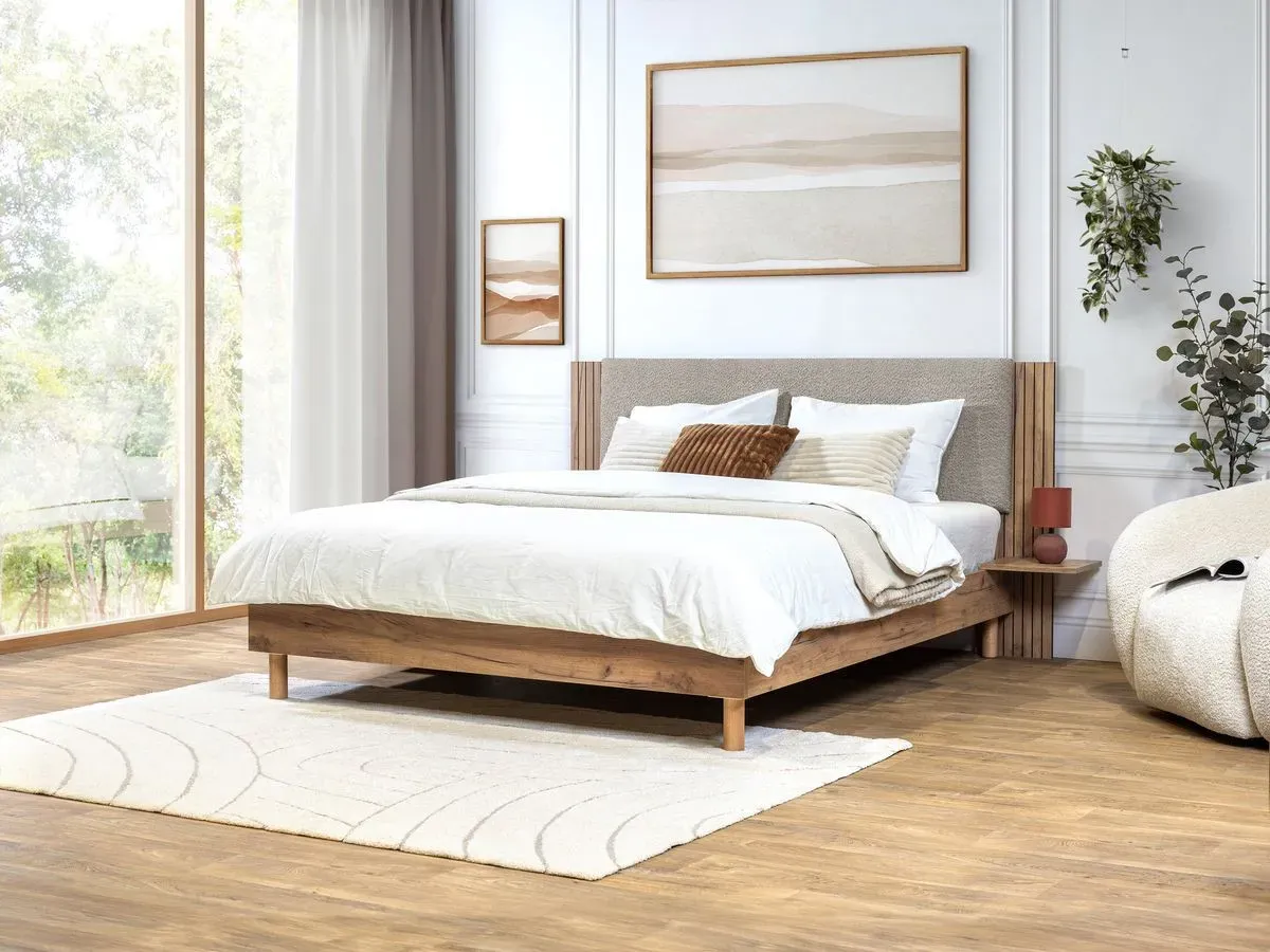 Lit LIOR lattes massives pieds en bois naturel gris clair 160x200  BOBOCHIC