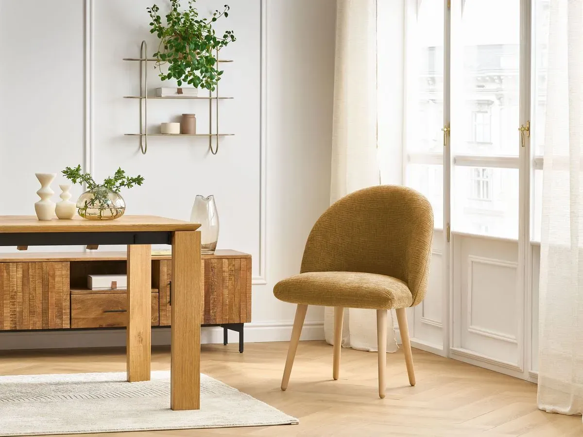 Chaise LALIE tissu texturé et pieds scandinaves bois jaune   BOBOCHIC