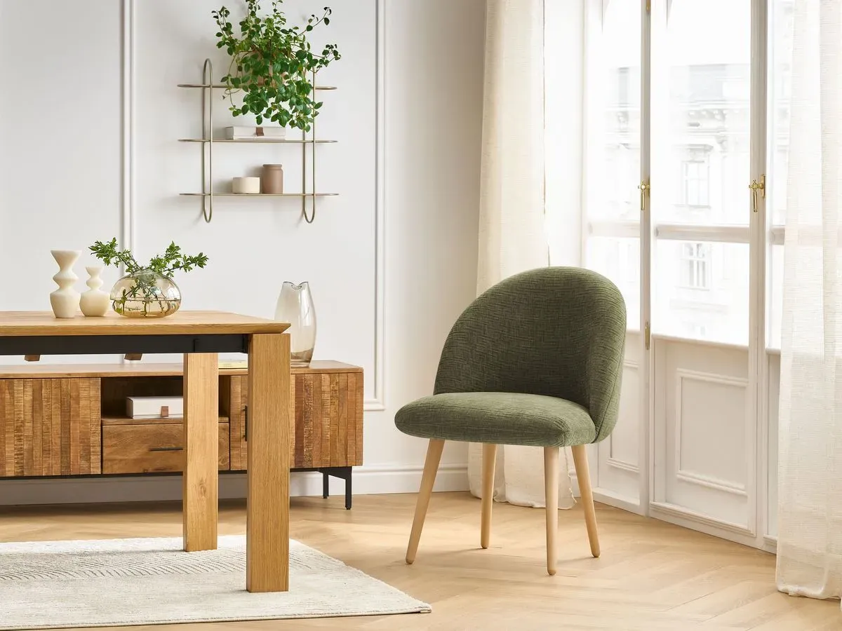Chaise LALIE tissu texturé et pieds scandinaves bois vert   BOBOCHIC