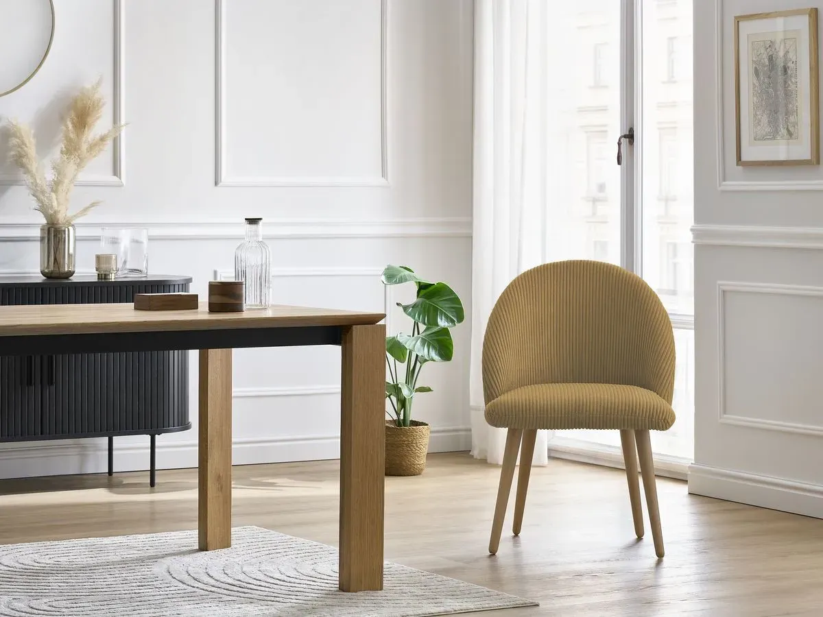 Chaise LALIE tissu velours côtelé et pieds scandinaves bois jaune   BOBOCHIC