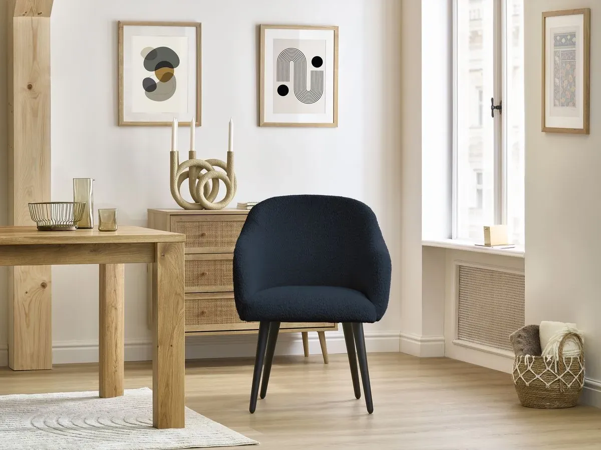 Chaise SOPHIE tissu bouclette et pieds scandinaves noirs bleu foncé   BOBOCHIC