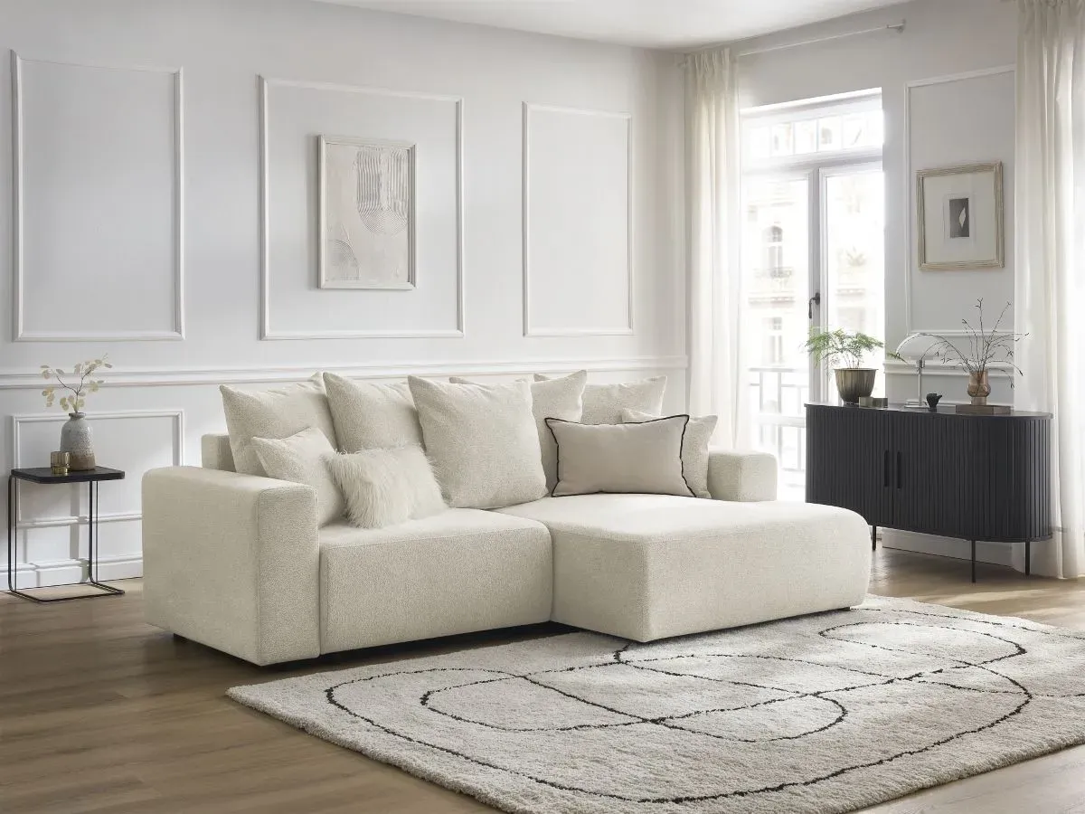 Canapé d'angle convertible coffre ATILLA tissu chiné blanc  angle droit BOBOCHIC 3 places