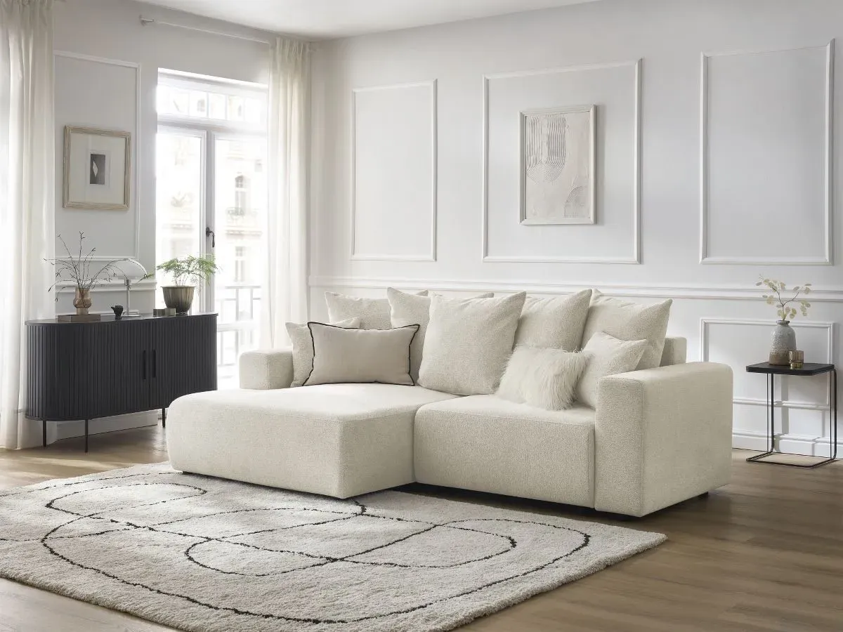 Canapé d'angle convertible coffre ATILLA tissu chiné blanc  angle gauche BOBOCHIC 3 places