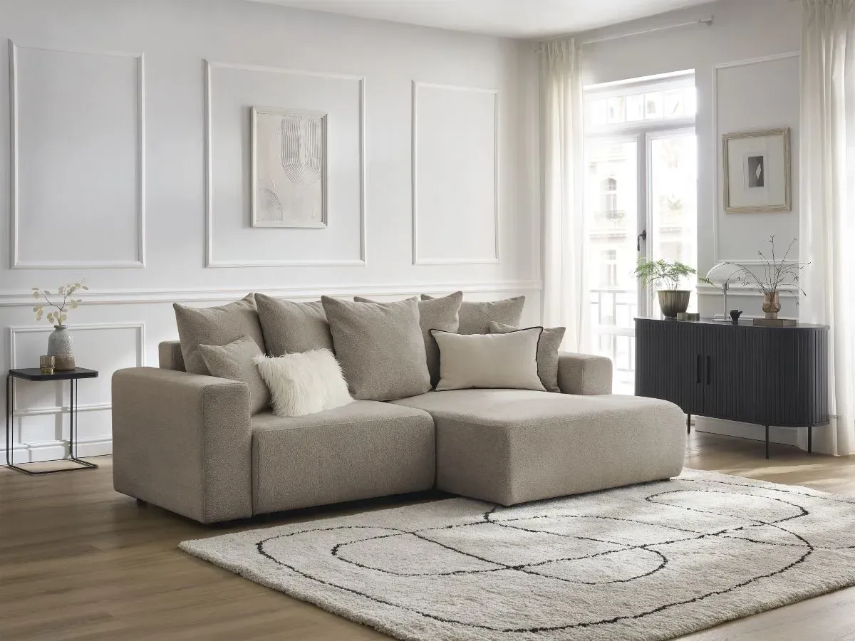 Canapé d'angle convertible coffre ATILLA tissu chiné taupe  angle droit BOBOCHIC 3 places