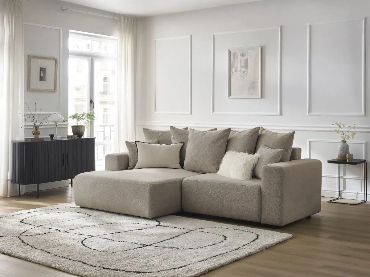 Canapé d'angle convertible coffre ATILLA tissu chiné taupe  angle gauche BOBOCHIC 3 places