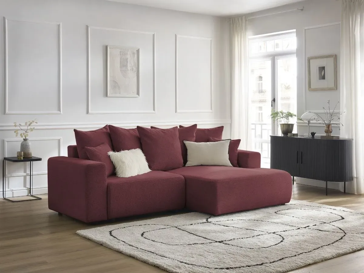 Canapé d'angle convertible coffre ATILLA tissu chiné rouge  angle droit BOBOCHIC 3 places