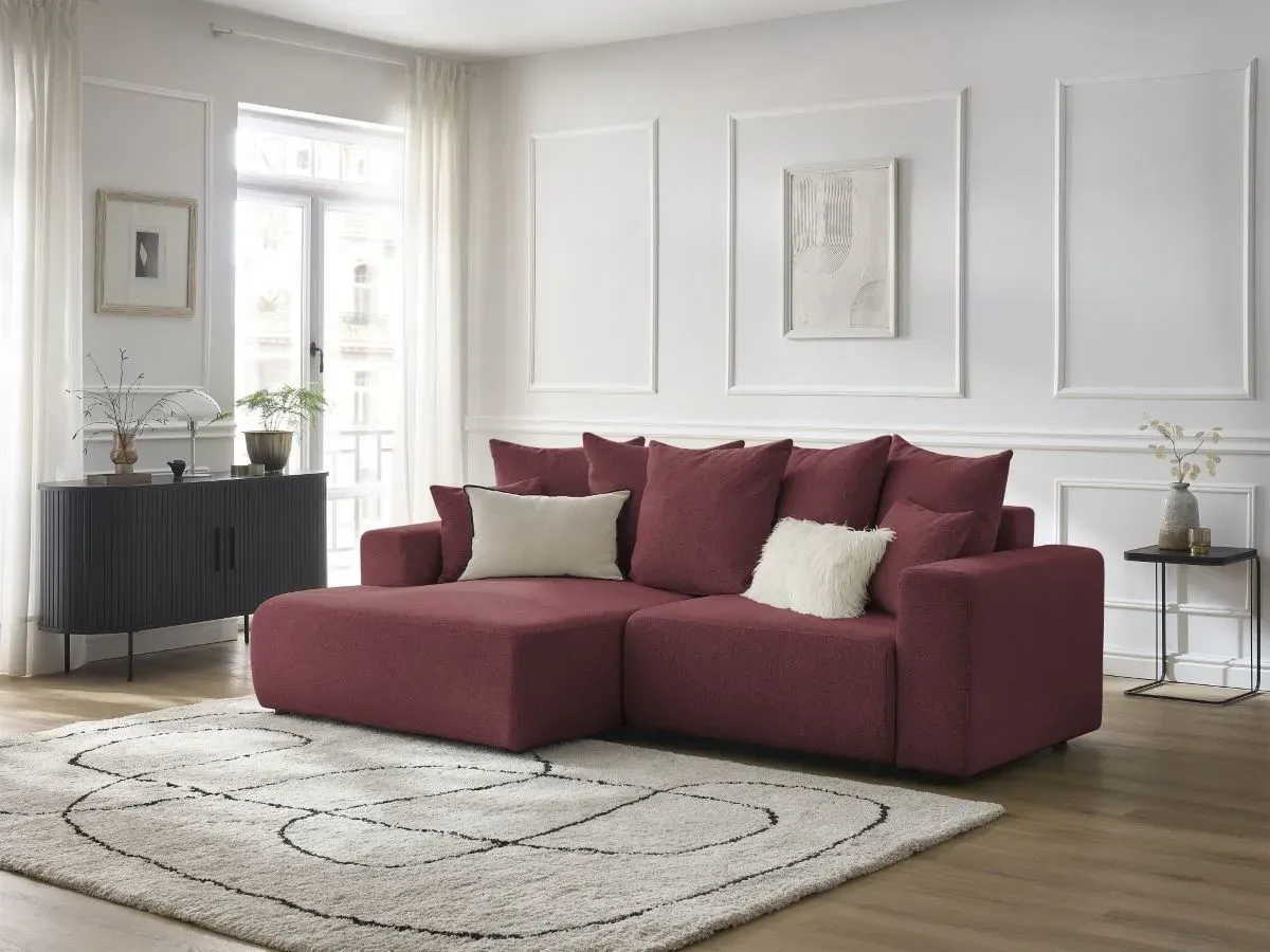 Canapé d'angle convertible coffre ATILLA tissu chiné rouge  angle gauche BOBOCHIC 3 places