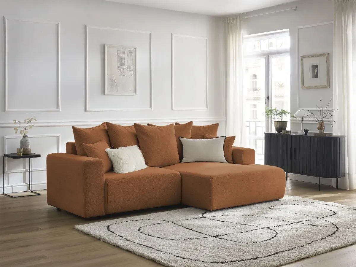 Canapé d'angle convertible coffre ATILLA tissu chiné orange  angle droit BOBOCHIC 3 places