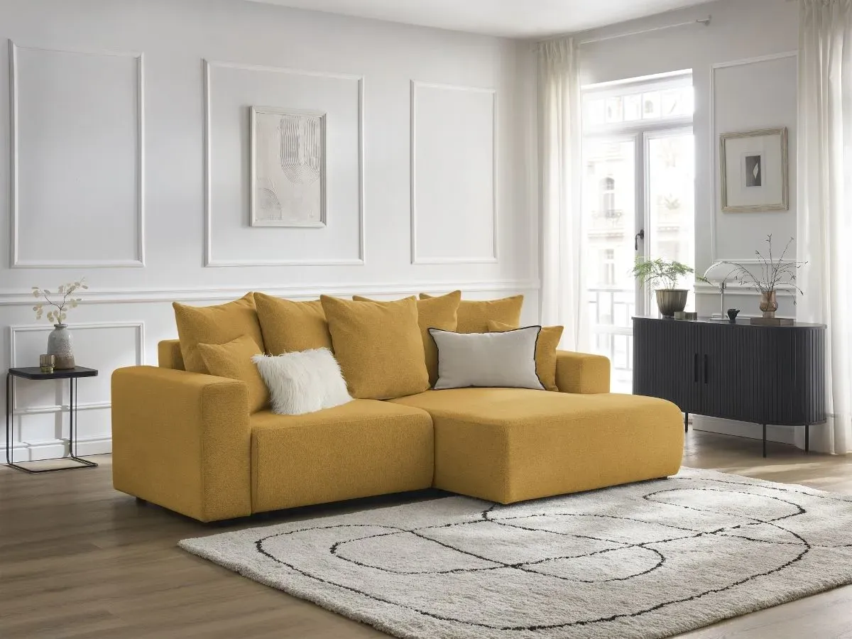 Canapé d'angle convertible coffre ATILLA tissu chiné jaune  angle droit BOBOCHIC 3 places