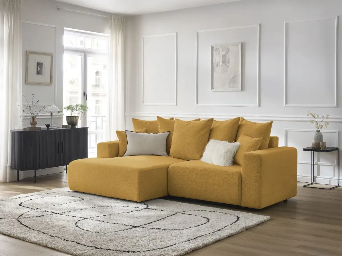 Canapé d'angle convertible coffre ATILLA tissu chiné jaune  angle gauche BOBOCHIC 3 places