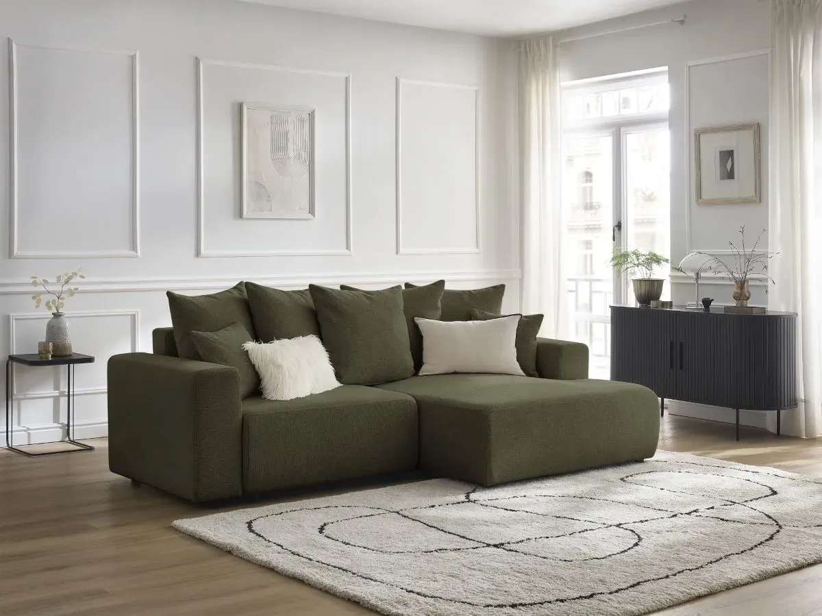 Canapé d'angle convertible coffre ATILLA tissu chiné vert  angle droit BOBOCHIC 3 places