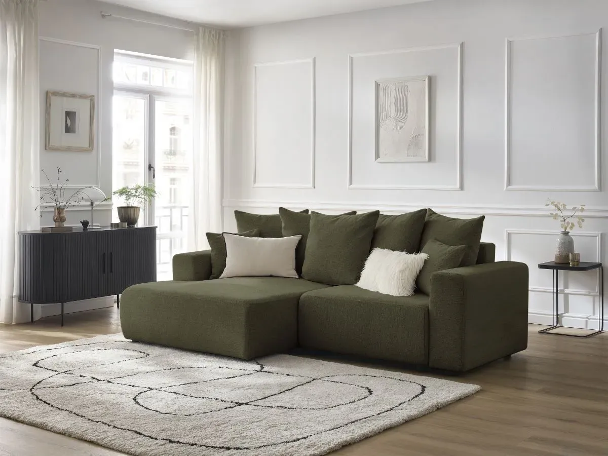 Canapé d'angle convertible coffre ATILLA tissu chiné vert  angle gauche BOBOCHIC 3 places