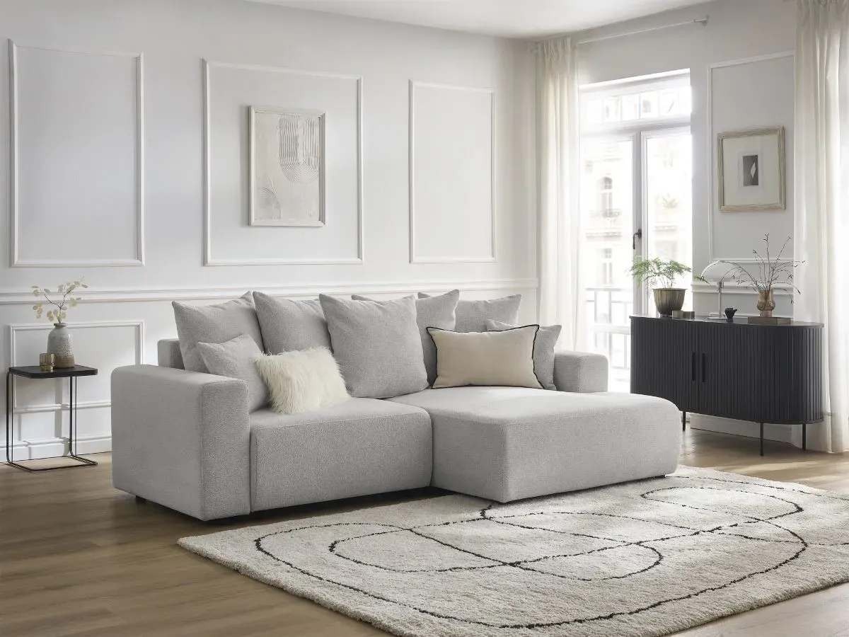 Canapé d'angle convertible coffre ATILLA tissu chiné gris clair  angle droit BOBOCHIC 3 places