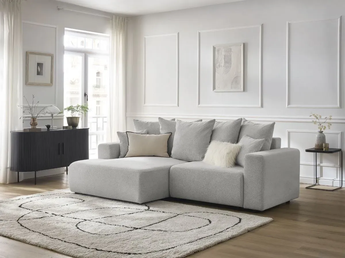 Canapé d'angle convertible coffre ATILLA tissu chiné gris clair  angle gauche BOBOCHIC 3 places