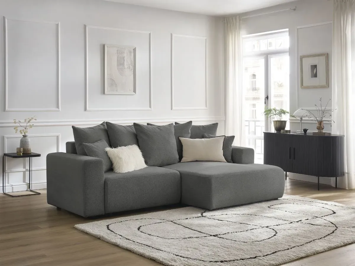 Canapé d'angle convertible coffre ATILLA tissu chiné gris foncé  angle droit BOBOCHIC 3 places